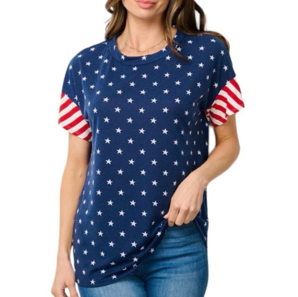 First look women's red, white,blue flag blouse size medium